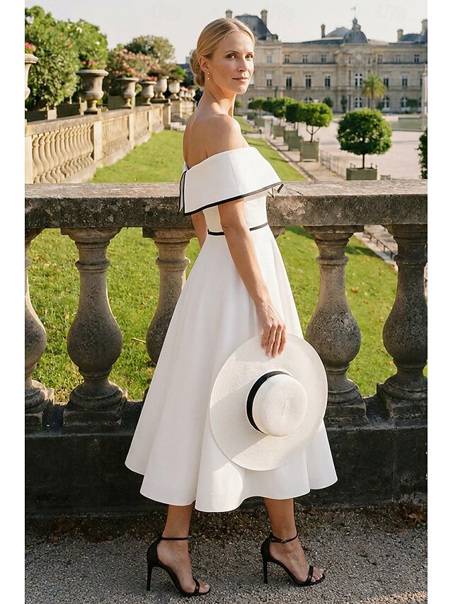 a-line tea-length little white dress wedding dress off-the-shoulder short sleeves stretch fabric, supplier image 3