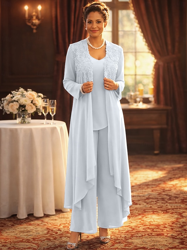 3 piece jumpsuit pantsuit mother of the bride dresses floor length lace with beading sleeveless, supplier image 1
