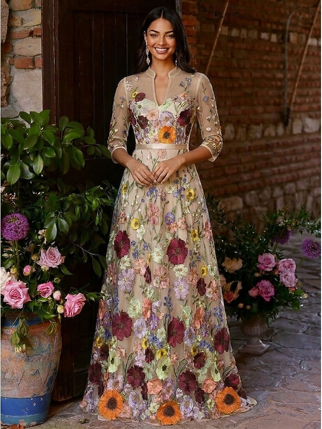 a-line mother of the bride dresses floor length chiffon satin tulle with 3d flowers v neck elegant, supplier image 6