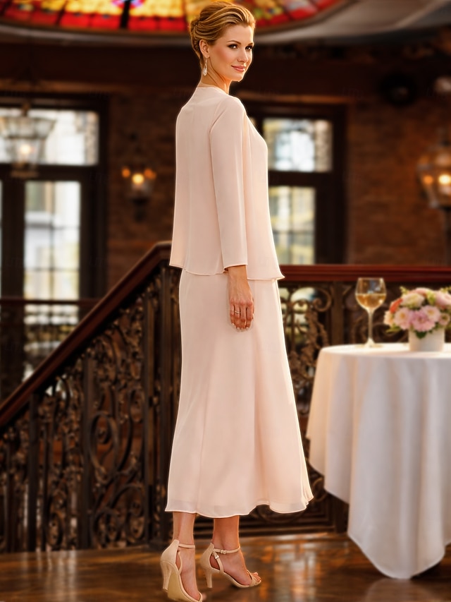 two piece sheath column tea length mother of the bride dresses wedding guest dresses sleeveless jewel neck elegant plus size chiffon, supplier image 2