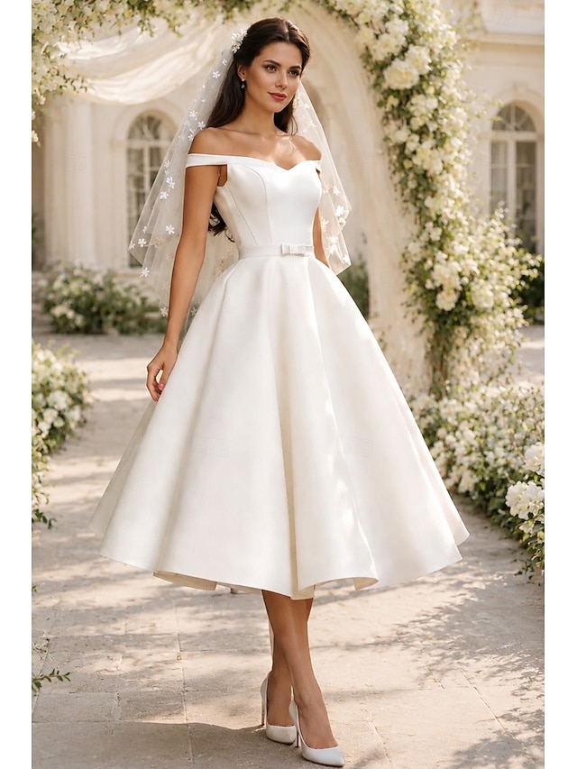 a-line tea-length little white dress wedding dress wedding guest dress cocktail dress off-the-shoulder sleeveless, supplier image 1