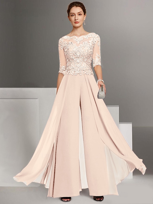 two piece jumpsuit pantsuit floor length mother of the bride dresses half sleeve bateau neck elegant chiffon with appliques, supplier image 14
