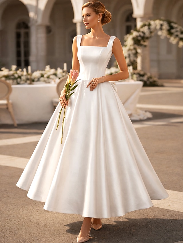 a-line ankle-length little white dress wedding dress square neck satin, supplier image 1