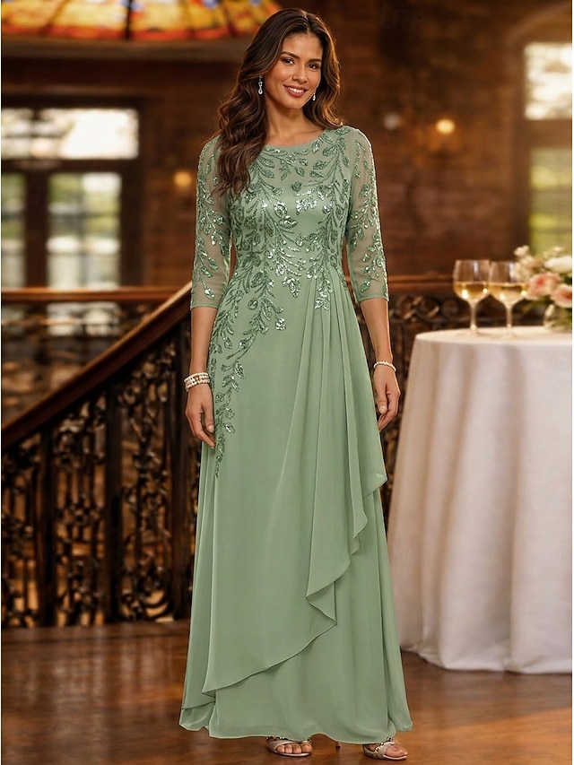 a-line mother of the bride dresses floor length chiffon tulle with sequin 3/4 length sleeve elegant, supplier image 5