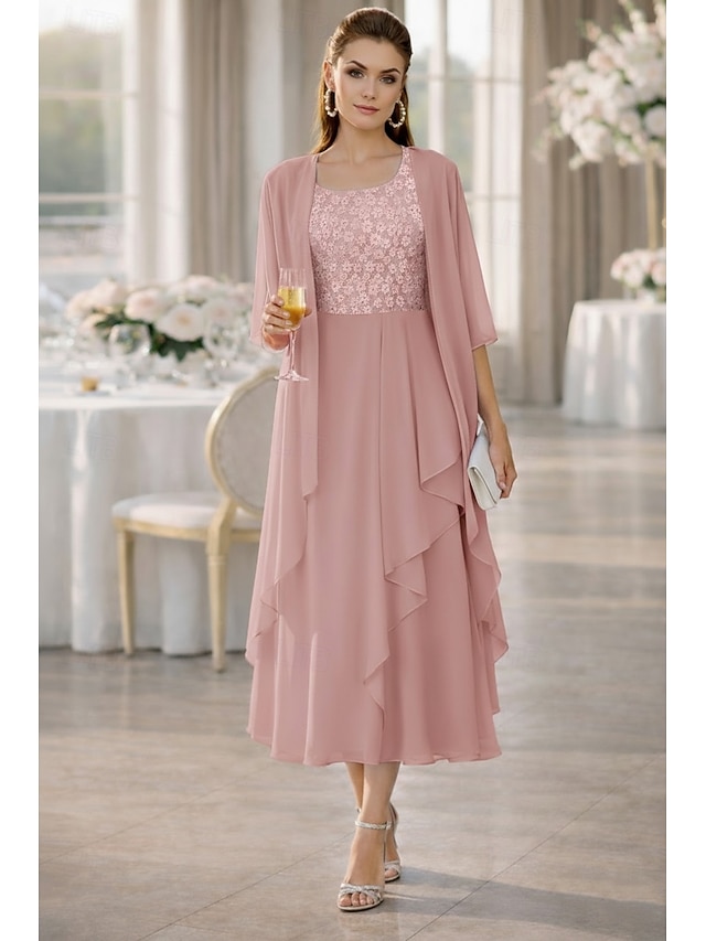 two piece a-line mother of the bride dresses wedding guest dresses tea length chiffon half sleeve, supplier image 1