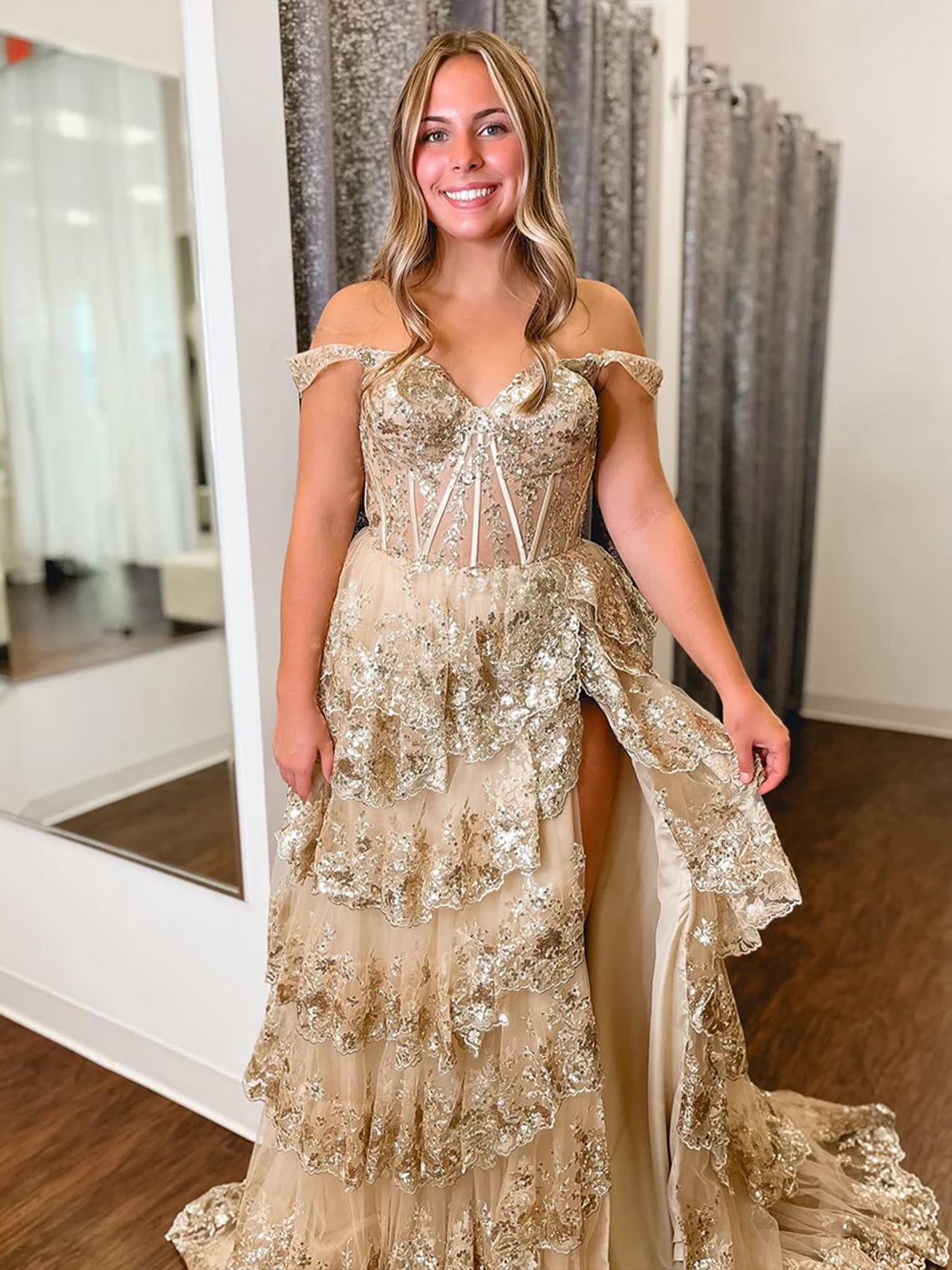 A Line Off the Shoulder with Appliques Long Prom Dress