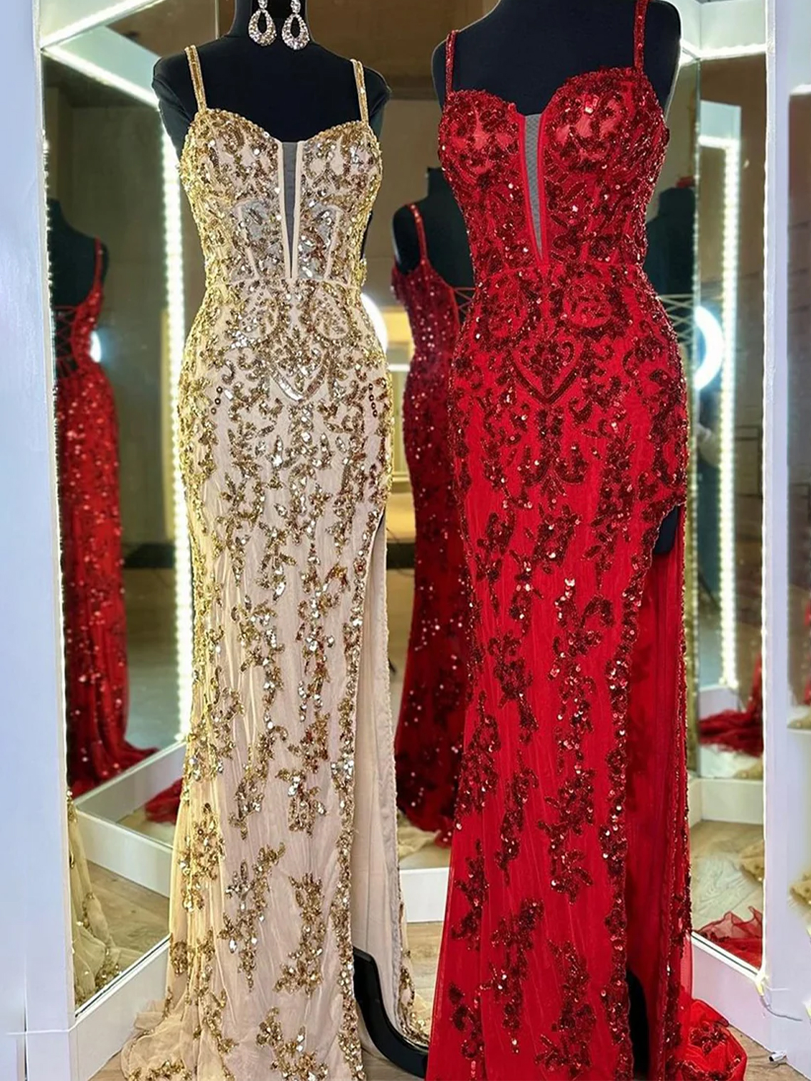 Sheath Tulle Straps Side Slit with Appliques Long Prom Dress