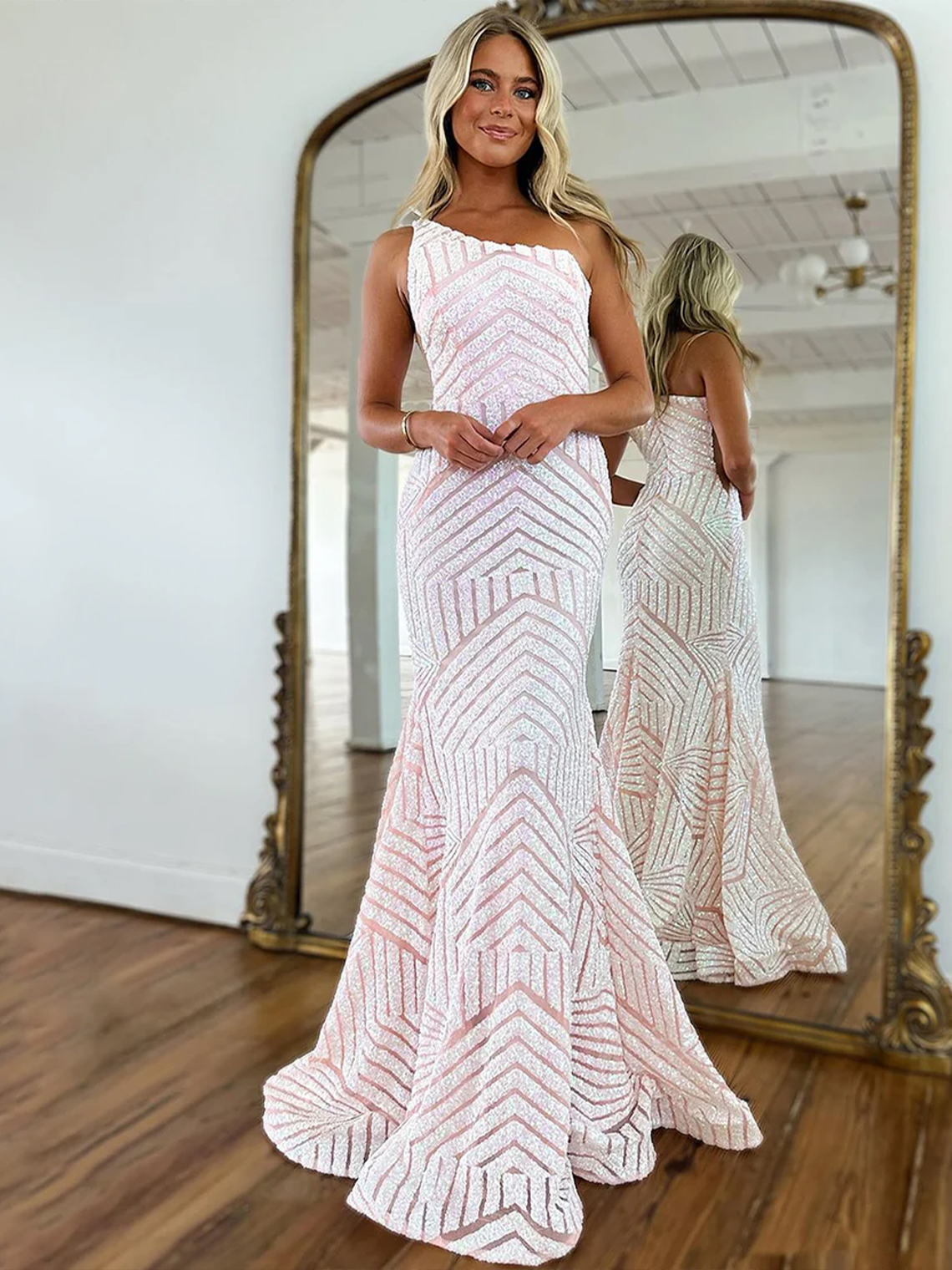 Sexy Mermaid Sequin One Shoulder Long Prom Dress