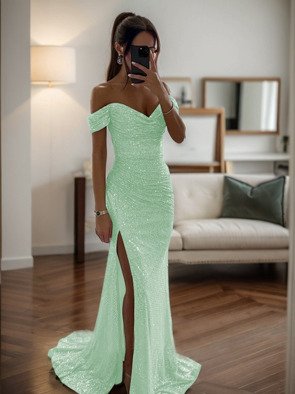 Mermaid Off-the-Shoulde Ruched Sleeveless Sweep Train Prom Dress