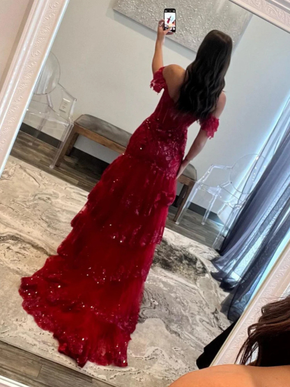 Dress Sexy A-Line Off the Shoulder Long Lace Slit Lace-up Back Prom Dress 