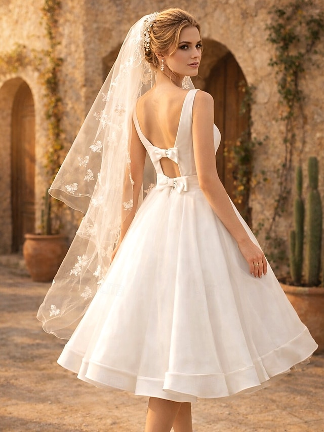 a-line knee-length little white dress wedding dress scoop neck sleeveless satin, supplier image 2