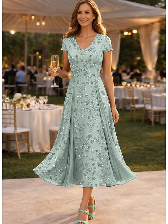 two piece a-line mother of the bride dresses wedding guest dresses tea length chiffon lace v neck, supplier image 8