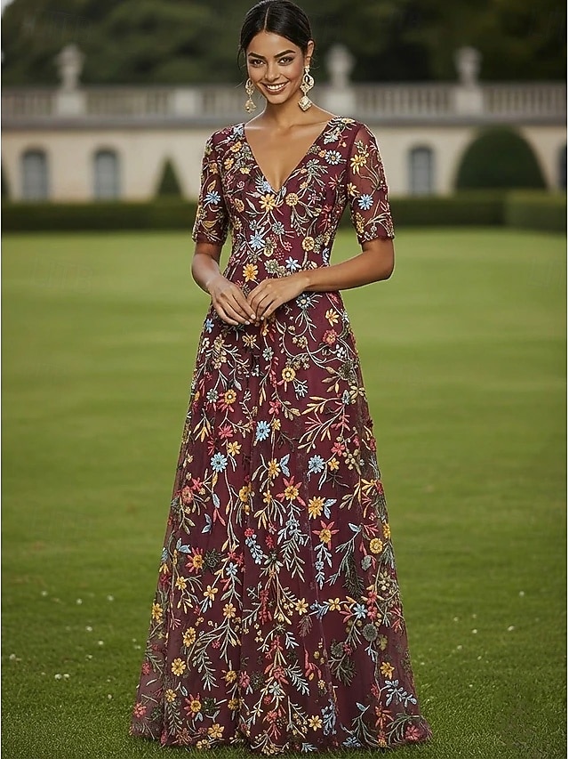 a-line floor length mother of the bride dresses cocktail dresses party dresses half sleeve plunging neck elegant vintage luxurious tulle, supplier image 11