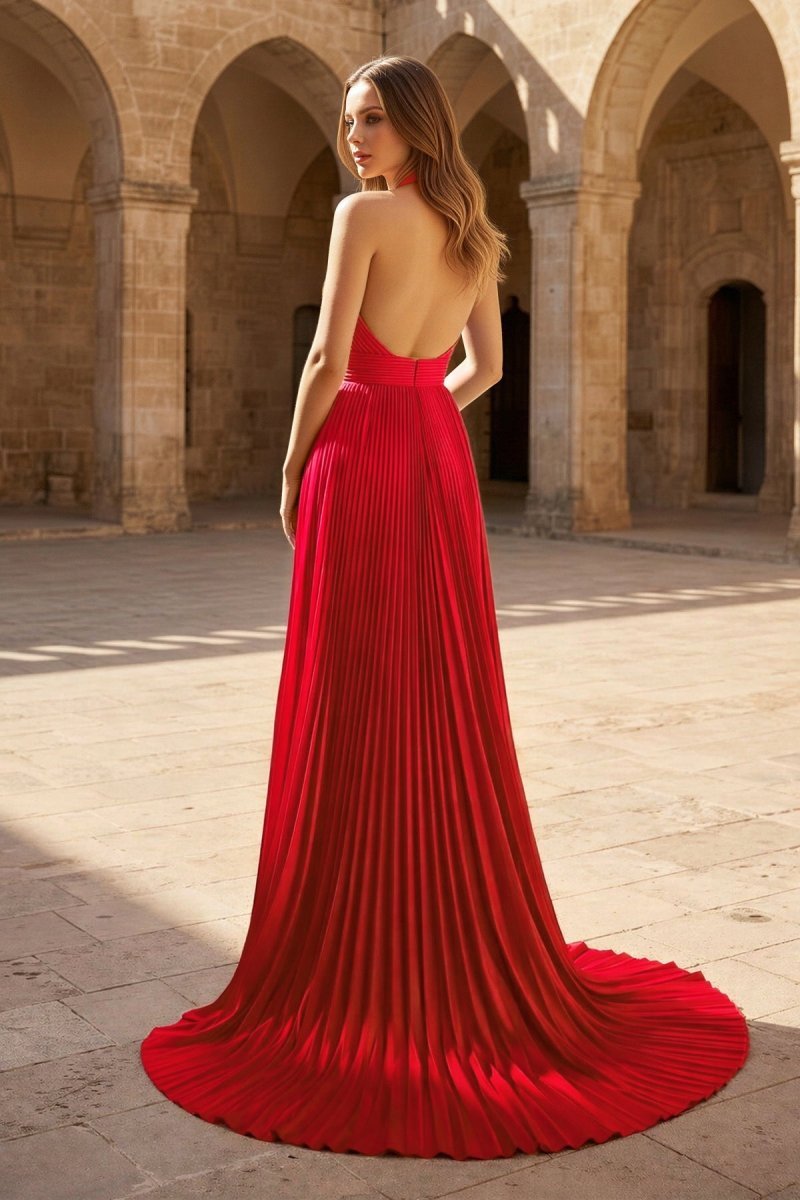 A-Line Halter Backless Pleated Blue Chiffon Long Prom Dresses Evening Dresses, product image 22