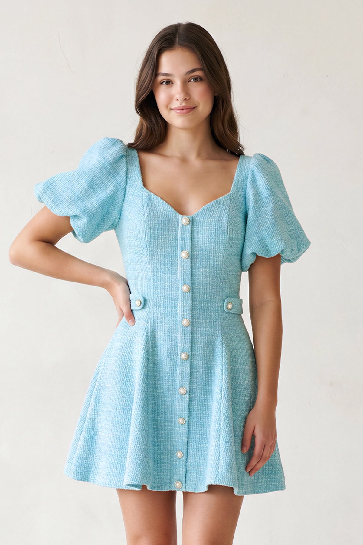 Blue A Line V Neck Textured Tweed Homecoming Dresses with Puffed Sleeves, supplier image 1