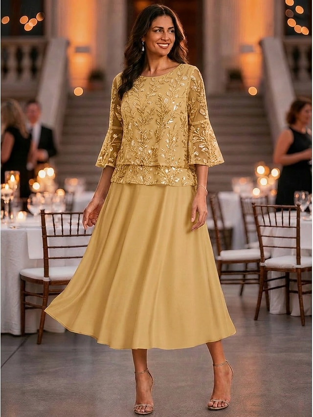 a-line mother of the bride dresses ankle length chiffon lace with sequin 3/4 length sleeve elegant, supplier image 1