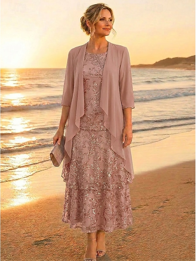 two piece a-line mother of the bride dresses ankle length tea length chiffon lace with beading, supplier image 6