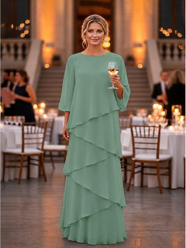 sheath column floor length mother of the bride dresses wedding guest dresses formal dresses evening gown 3/4 length sleeve crew neck elegant chiffon, supplier image 5