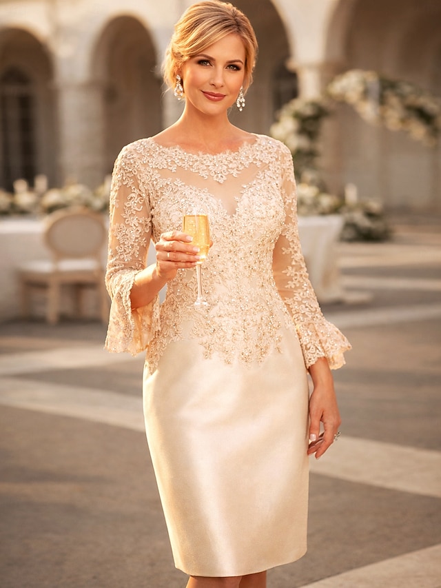 sheath column knee length mother of the bride dresses wedding guest dresses cocktail dresses party dresses long sleeve jewel neck elegant vintage lace, supplier image 2