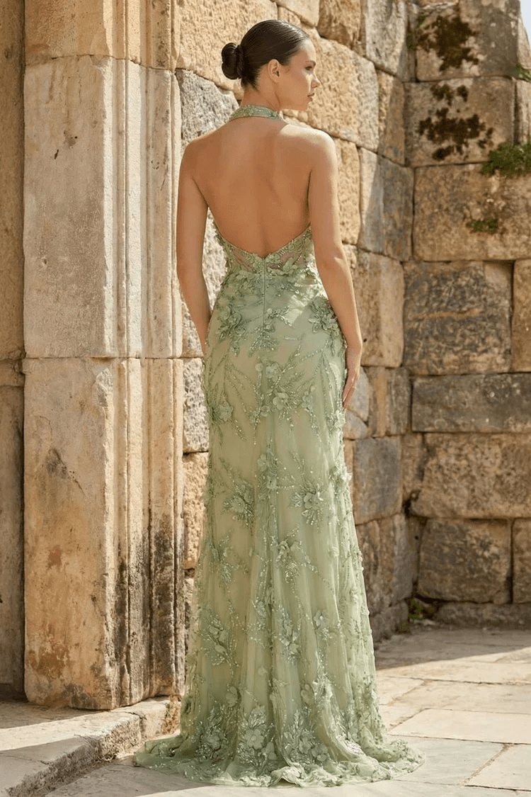 Sage Sheath Halter Sequined Long Prom Dresses With Floral Appliques Evening Dresses, product image 2
