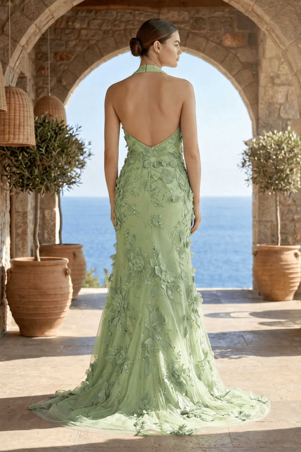 Sage Halter Sequined Sheath Long Prom Dresses With Floral Appliques Evening Dresses, product image 2