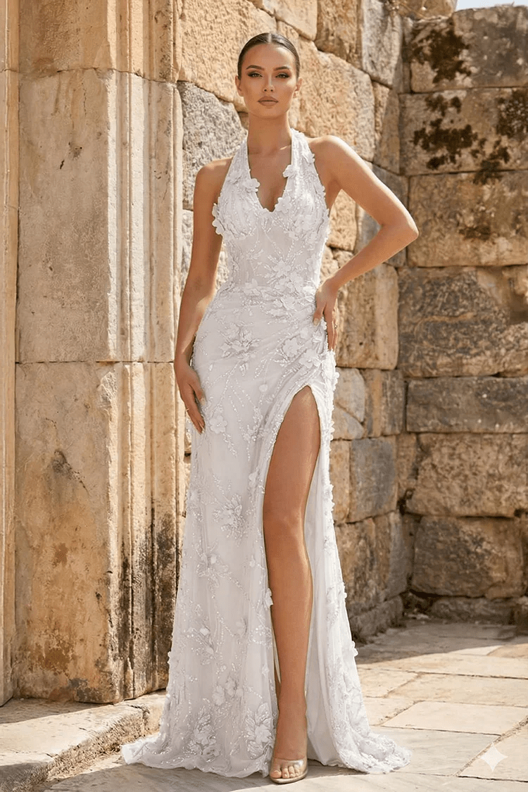 Sage Sheath Halter Sequined Long Prom Dresses With Floral Appliques Evening Dresses, product image 13