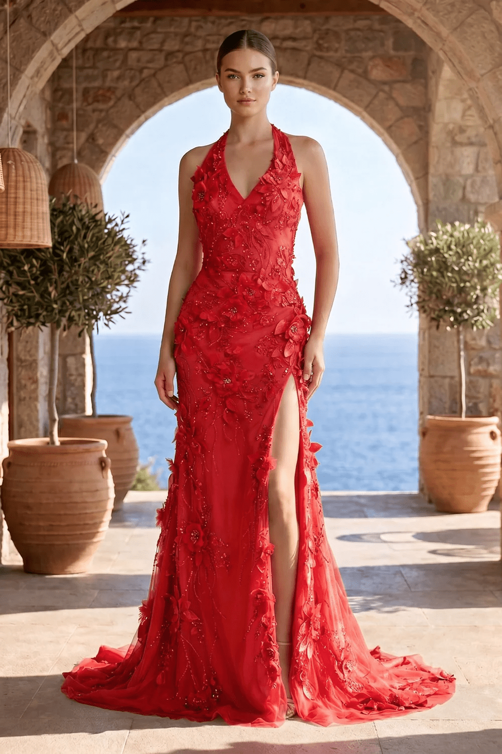 Sage Halter Sequined Sheath Long Prom Dresses With Floral Appliques Evening Dresses, product image 10
