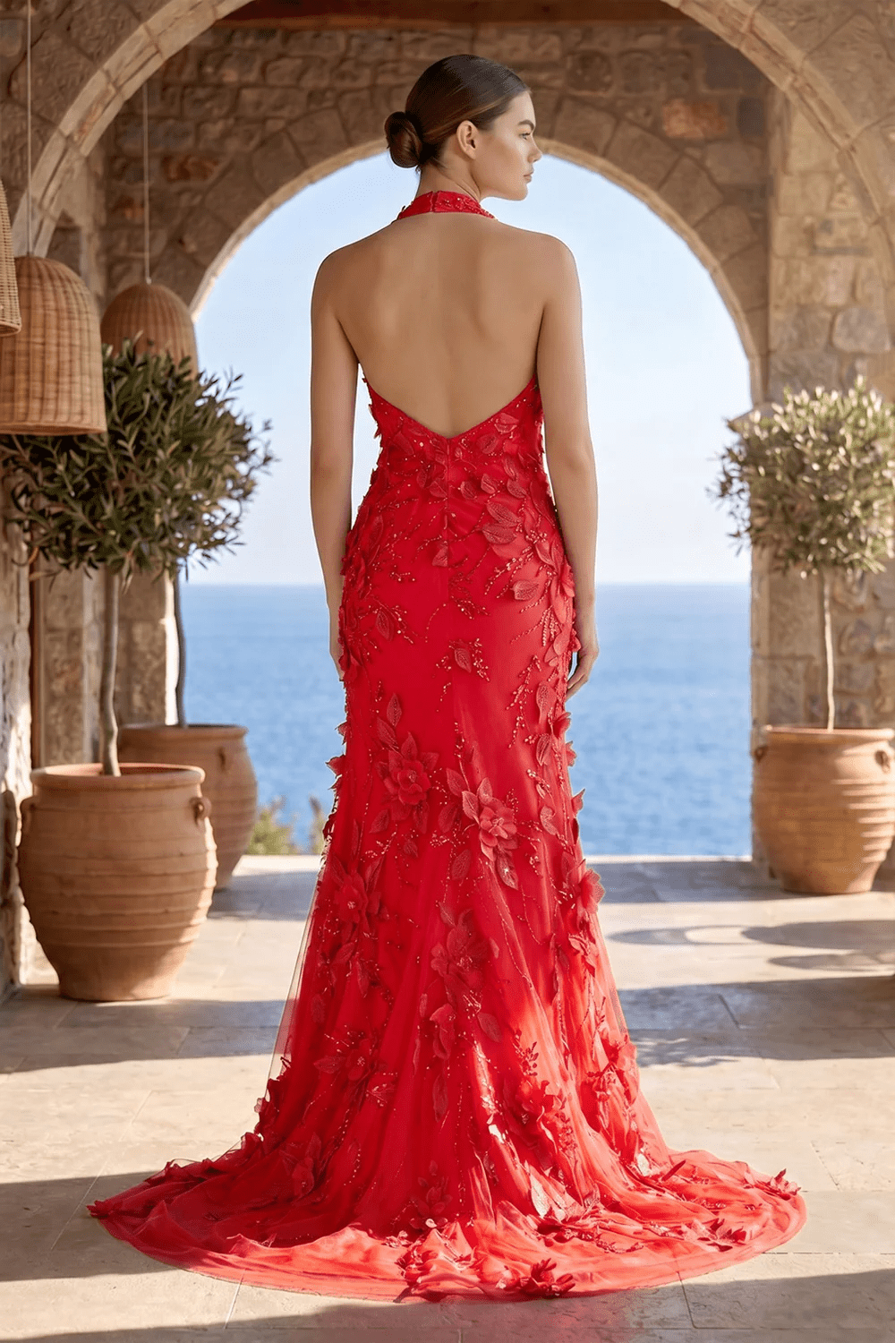 Sage Halter Sequined Sheath Long Prom Dresses With Floral Appliques Evening Dresses, product image 11