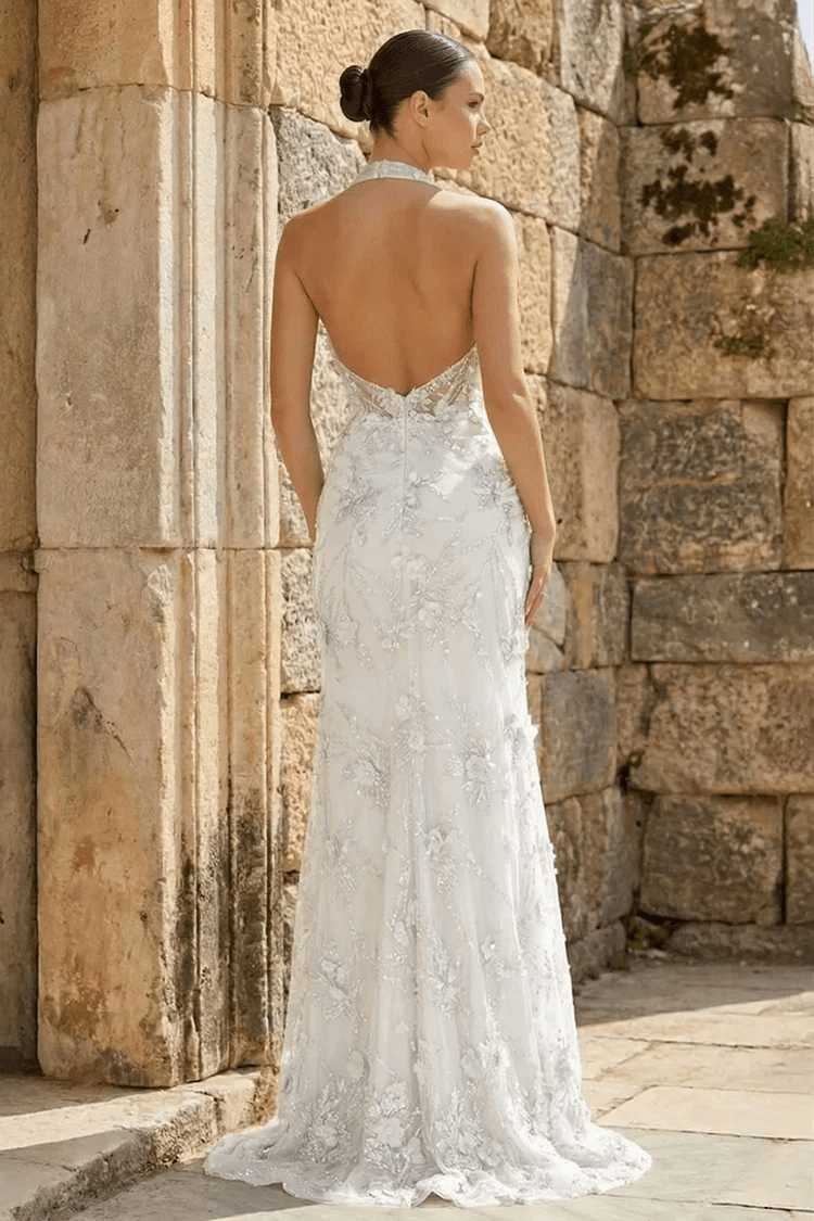 Sage Sheath Halter Sequined Long Prom Dresses With Floral Appliques Evening Dresses, product image 14