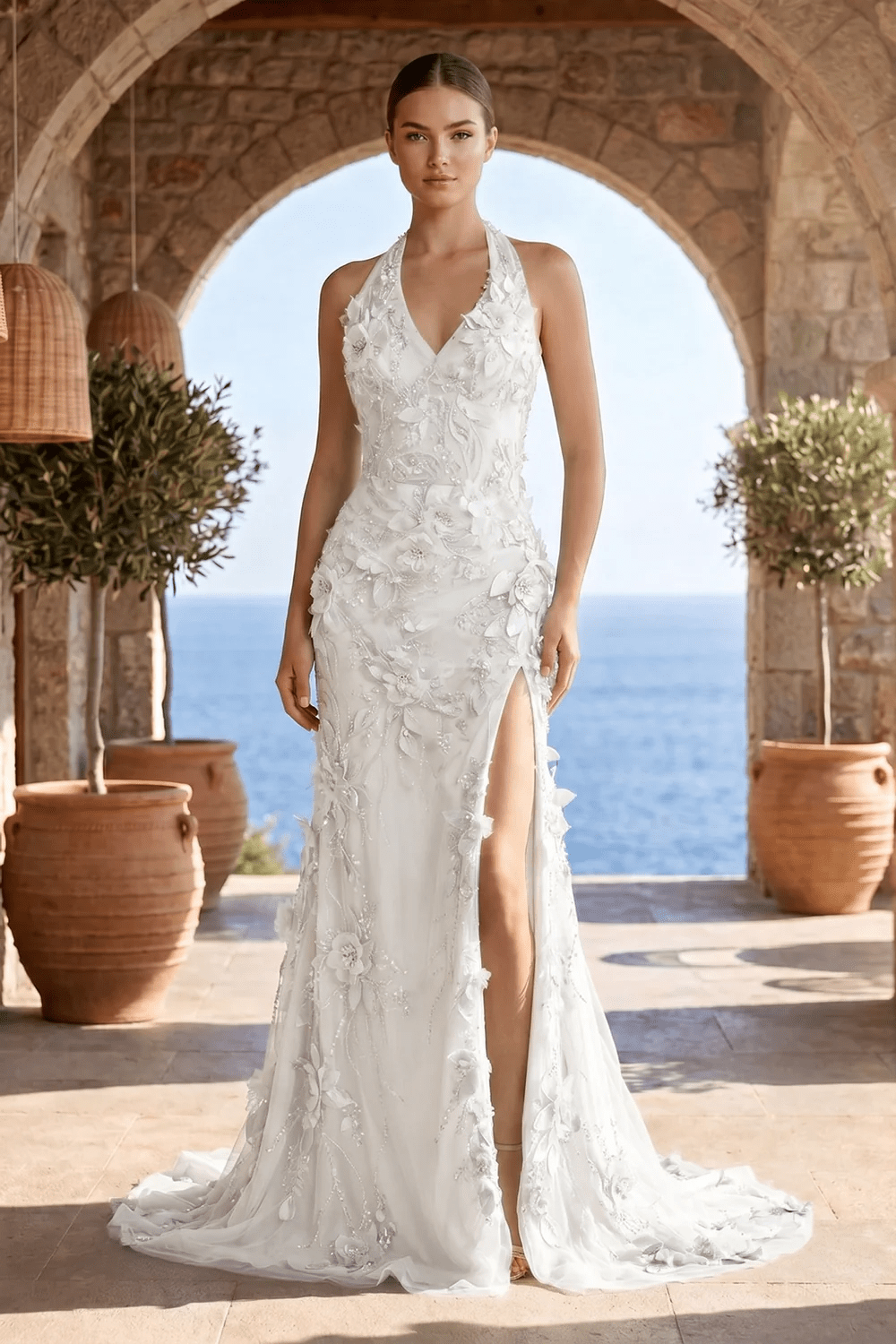 Sage Halter Sequined Sheath Long Prom Dresses With Floral Appliques Evening Dresses, product image 12