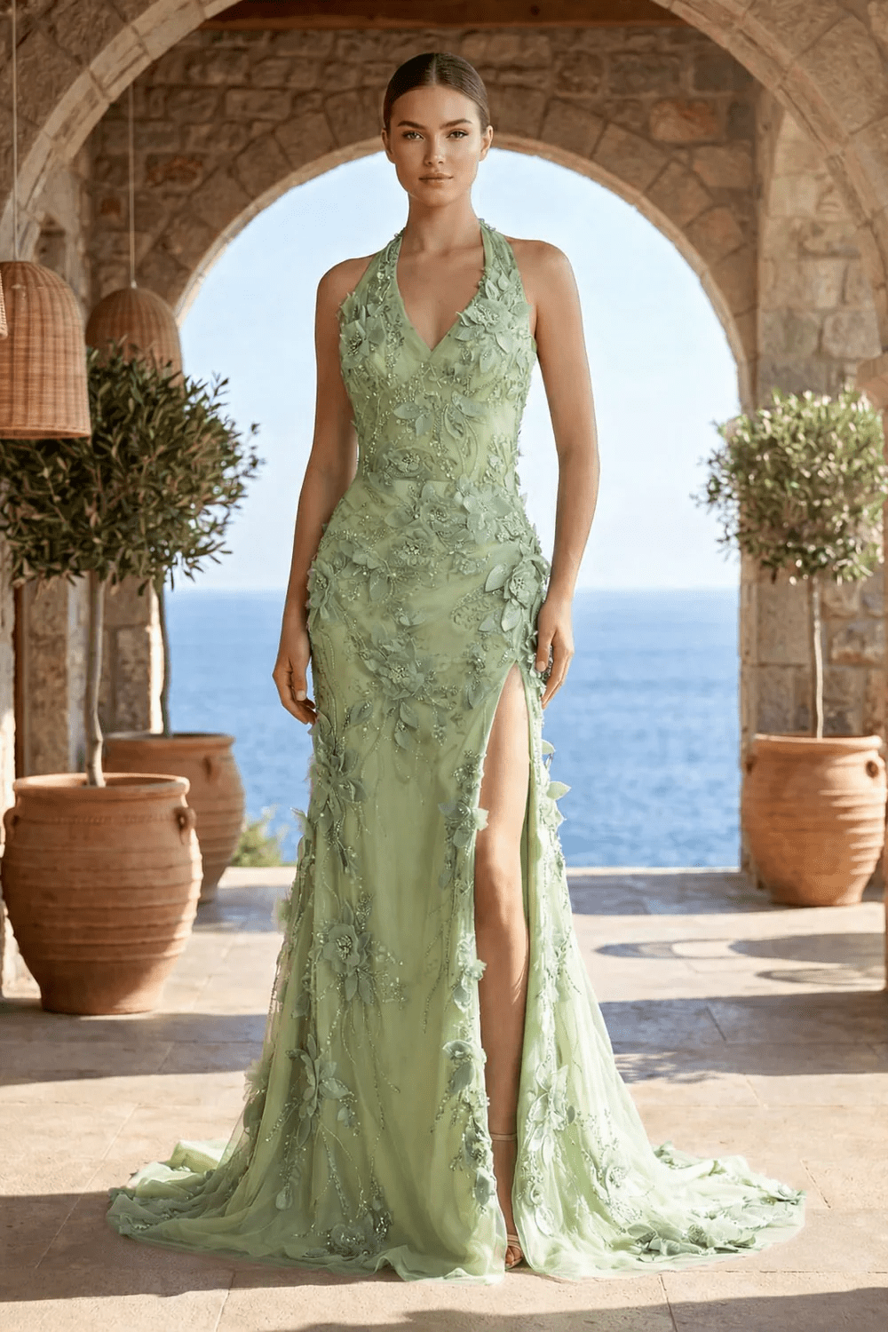Sage Halter Sequined Sheath Long Prom Dresses With Floral Appliques Evening Dresses in Sage Green, US2