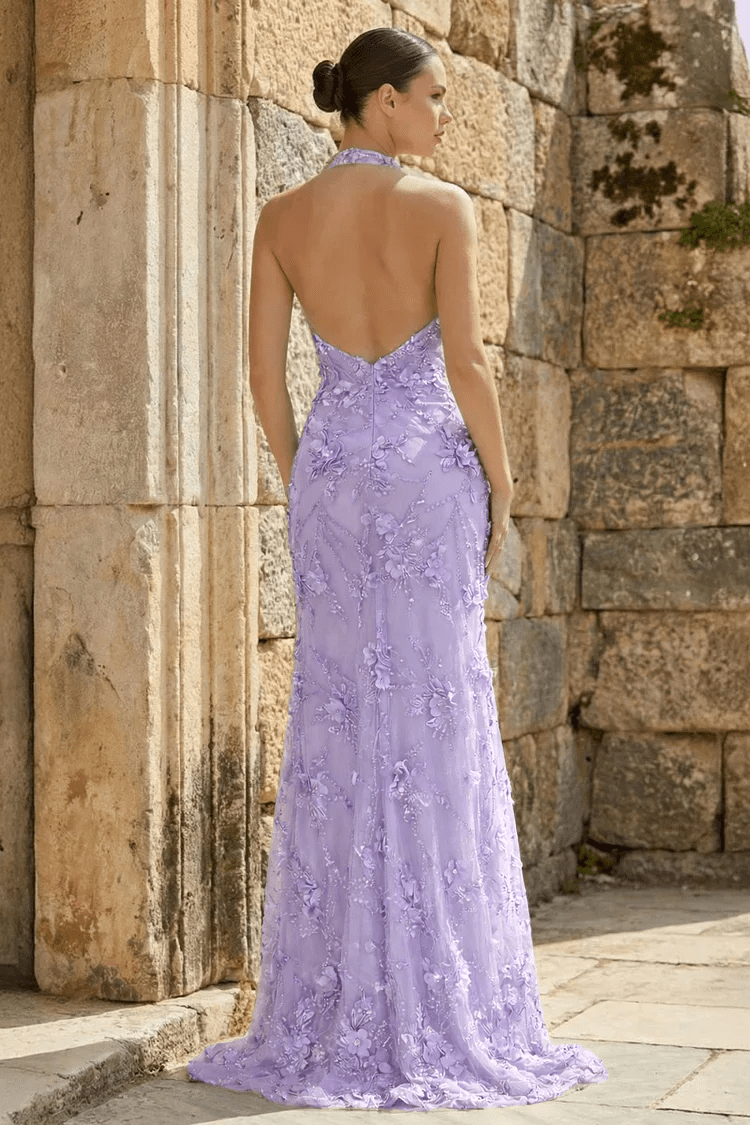Sage Sheath Halter Sequined Long Prom Dresses With Floral Appliques Evening Dresses, product image 4