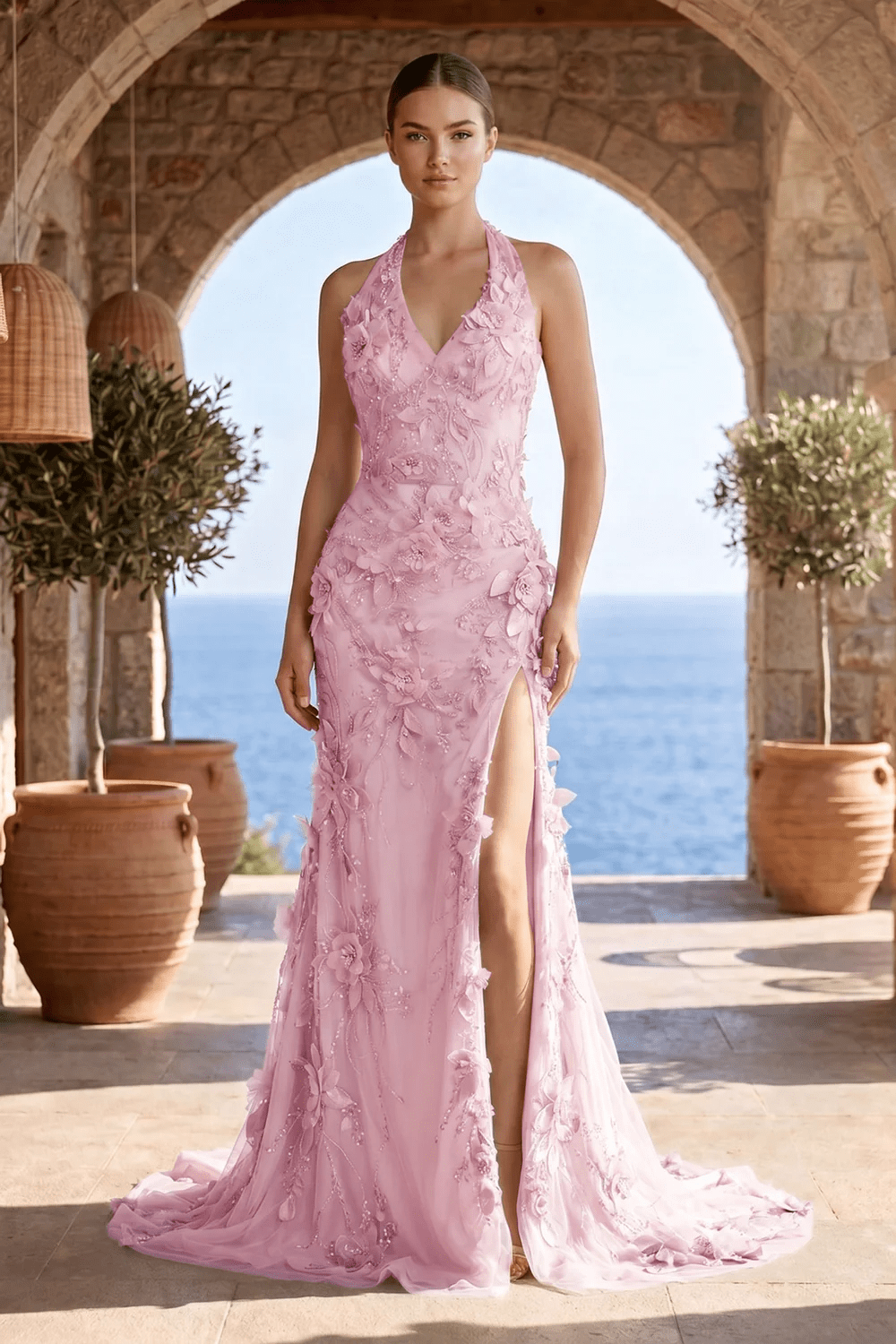 Sage Halter Sequined Sheath Long Prom Dresses With Floral Appliques Evening Dresses, product image 14