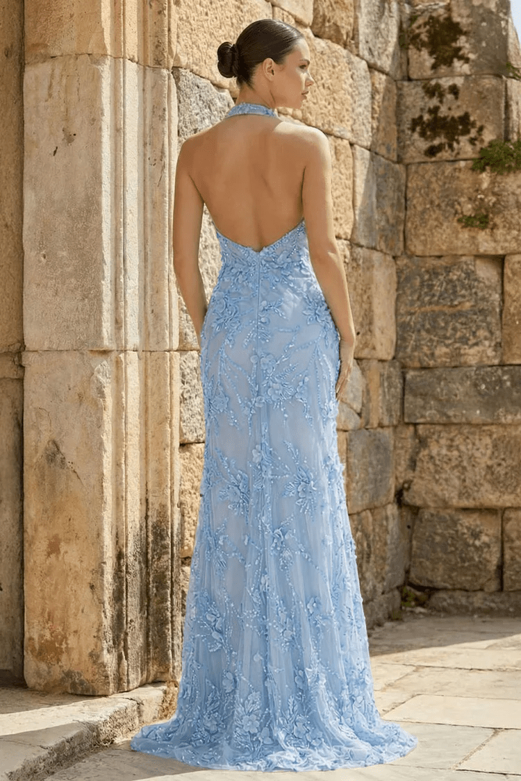Sage Sheath Halter Sequined Long Prom Dresses With Floral Appliques Evening Dresses, product image 8