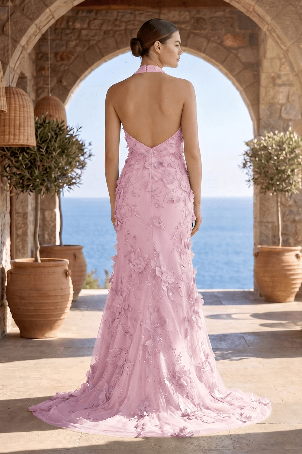 Sage Halter Sequined Sheath Long Prom Dresses With Floral Appliques Evening Dresses, product image 15