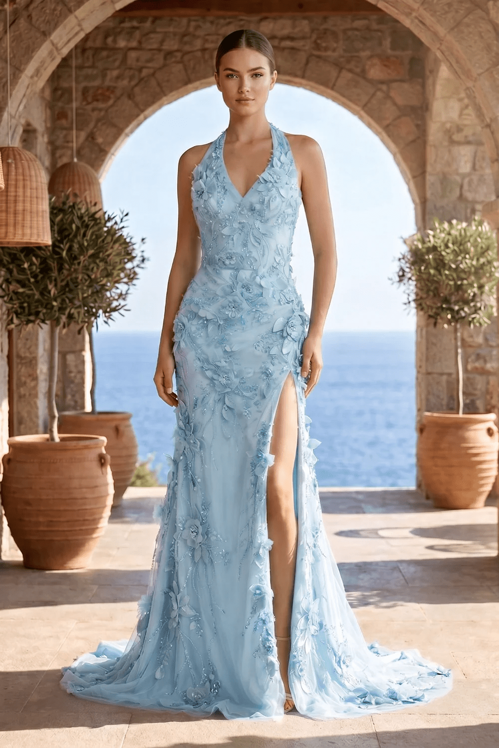 Sage Halter Sequined Sheath Long Prom Dresses With Floral Appliques Evening Dresses, product image 6