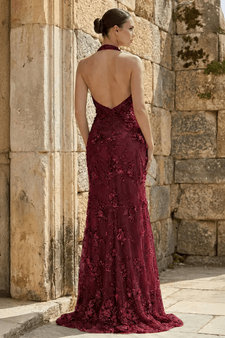 Sage Sheath Halter Sequined Long Prom Dresses With Floral Appliques Evening Dresses, product image 10