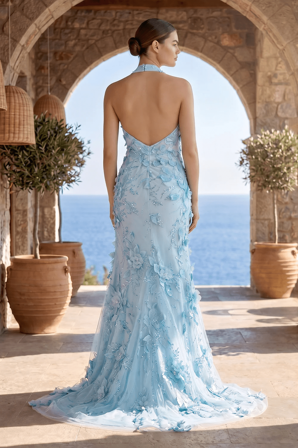Sage Halter Sequined Sheath Long Prom Dresses With Floral Appliques Evening Dresses, product image 7