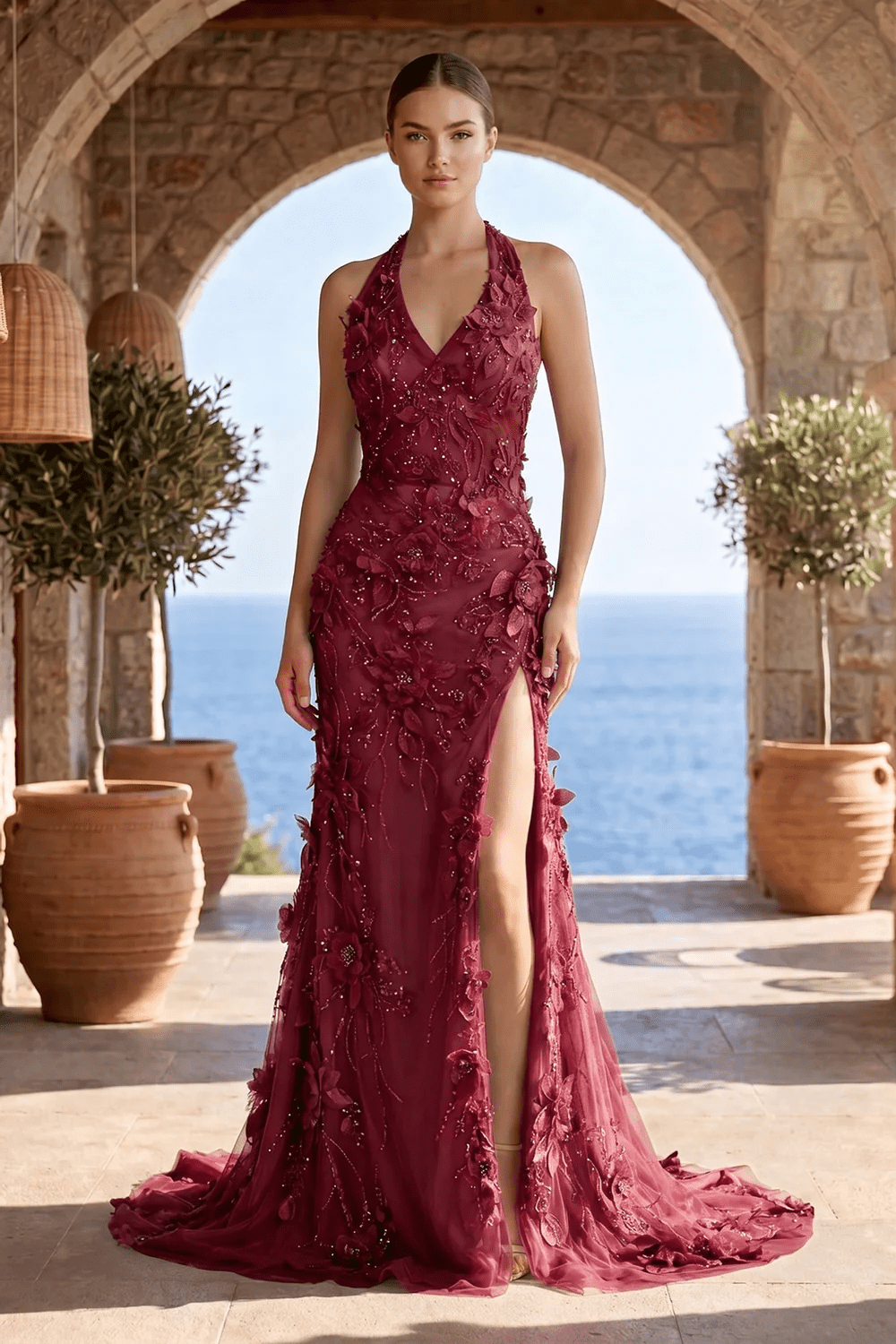 Sage Halter Sequined Sheath Long Prom Dresses With Floral Appliques Evening Dresses, product image 8
