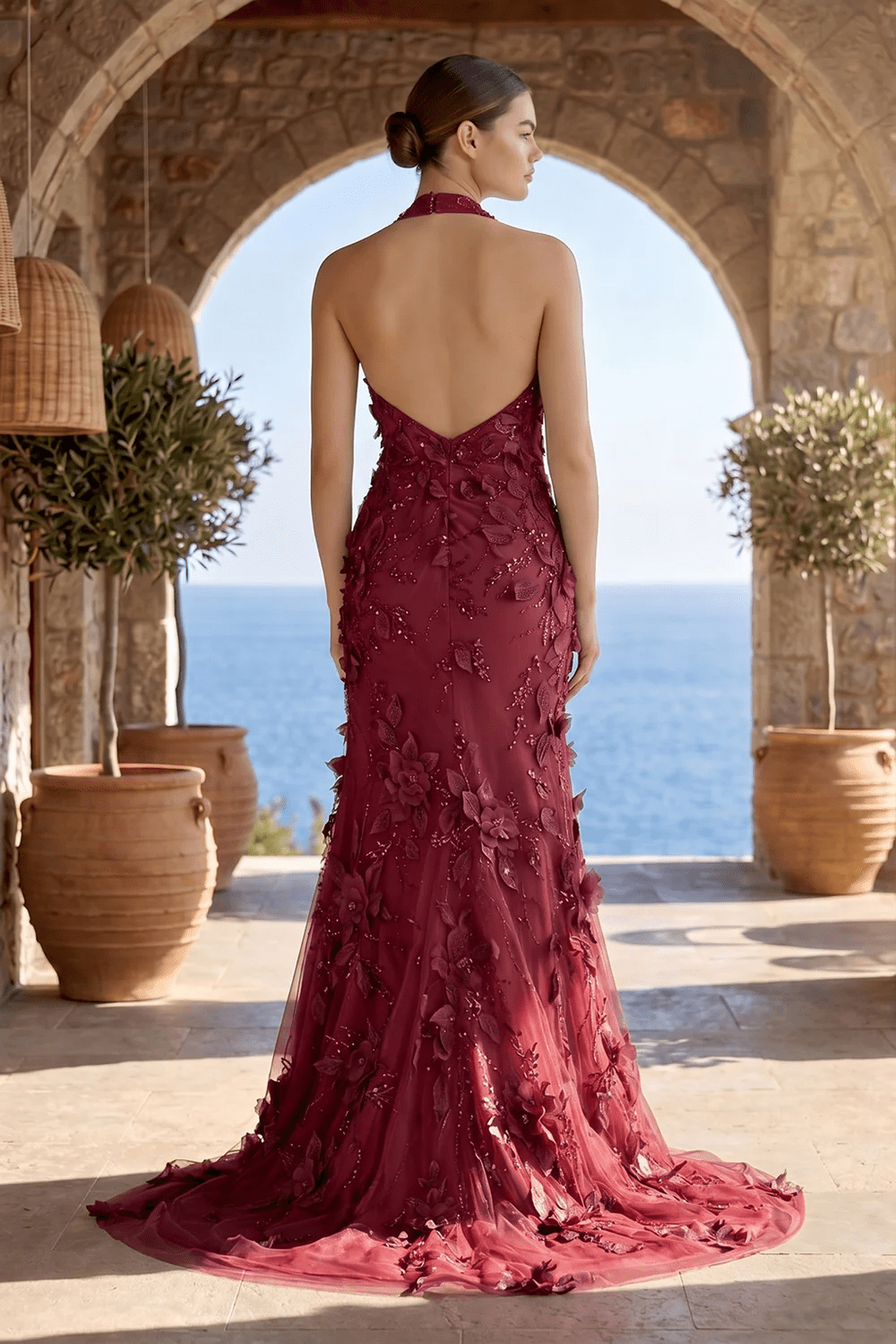 Sage Halter Sequined Sheath Long Prom Dresses With Floral Appliques Evening Dresses, product image 9