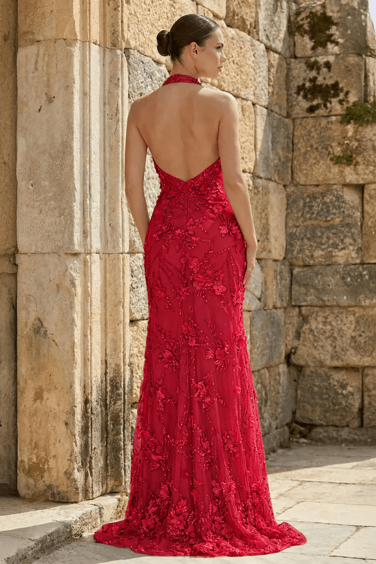 Sage Sheath Halter Sequined Long Prom Dresses With Floral Appliques Evening Dresses, product image 12