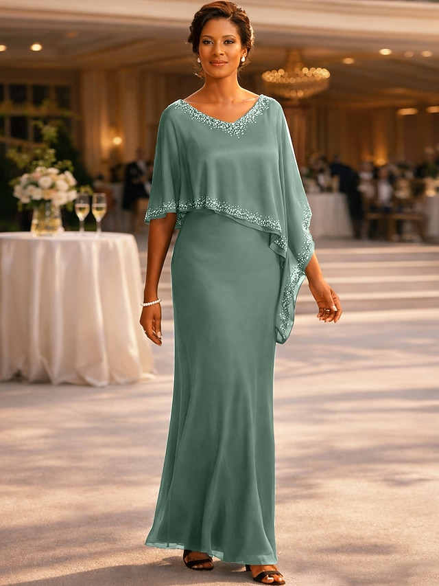 sheath column floor-length mother of the bride dress wedding guest dress evening gown v-neck half sleeves chiffon elegant, supplier image 16