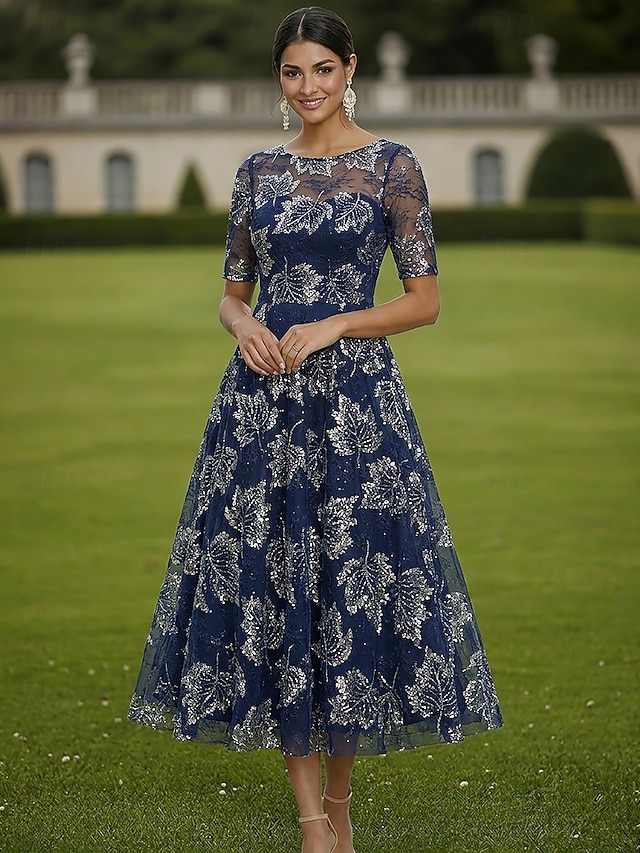 a-line mother of the bride dresses tea length lace with sequin half sleeve scoop neck elegant, supplier image 1