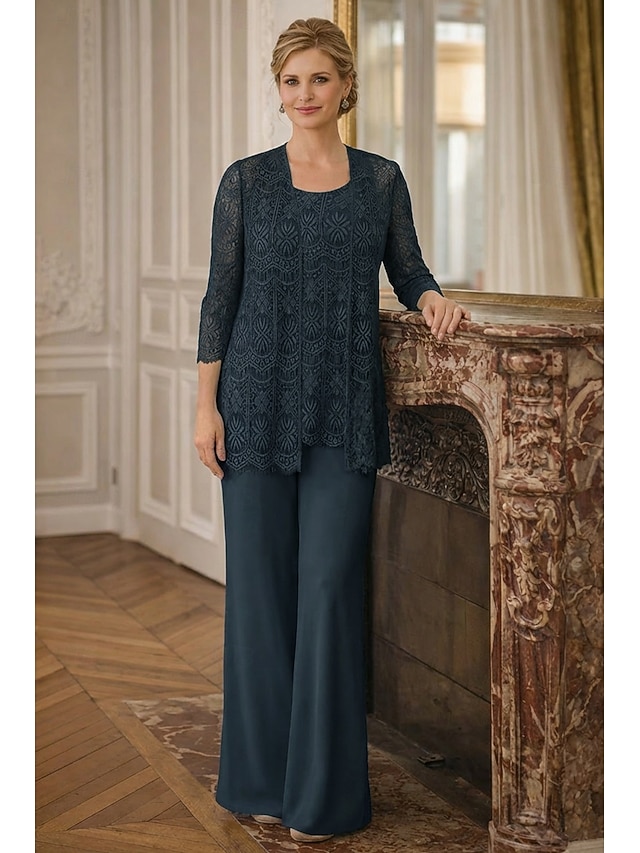 3 piece jumpsuit pantsuit floor-length mother of the bride dress wedding guest dress formal dress jewel neck sleeveless chiffon lace elegant, supplier image 11