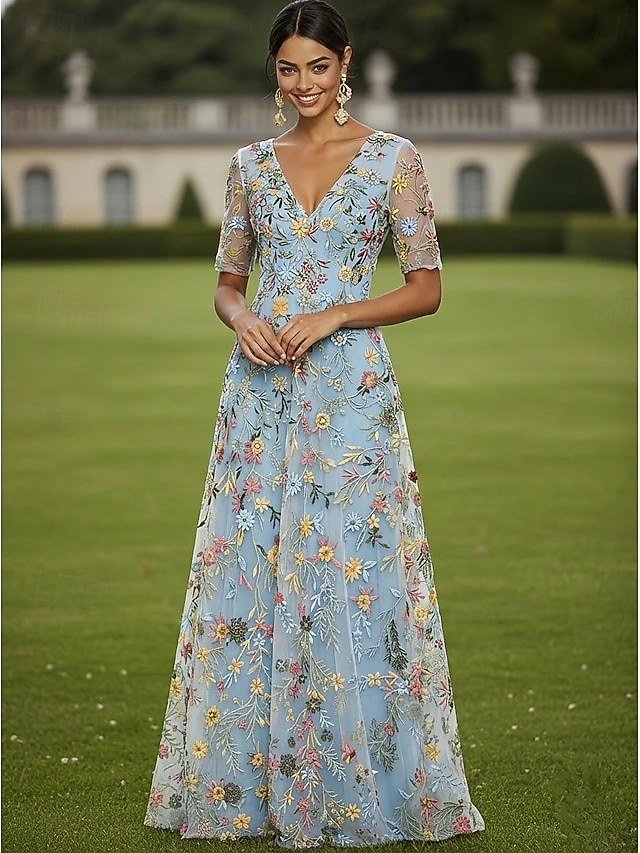 a-line floor length mother of the bride dresses cocktail dresses party dresses half sleeve plunging neck elegant vintage luxurious tulle, supplier image 7