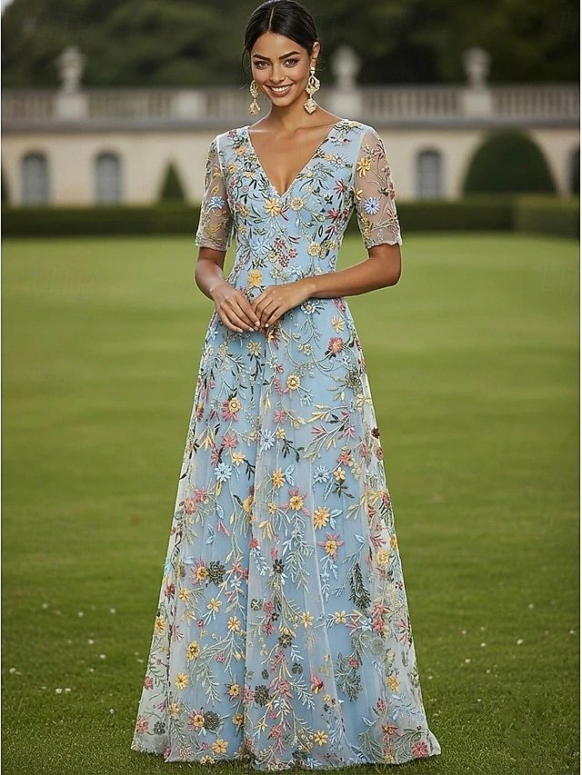 a-line floor length mother of the bride dresses cocktail dresses party dresses half sleeve plunging neck elegant vintage luxurious tulle, supplier image 7