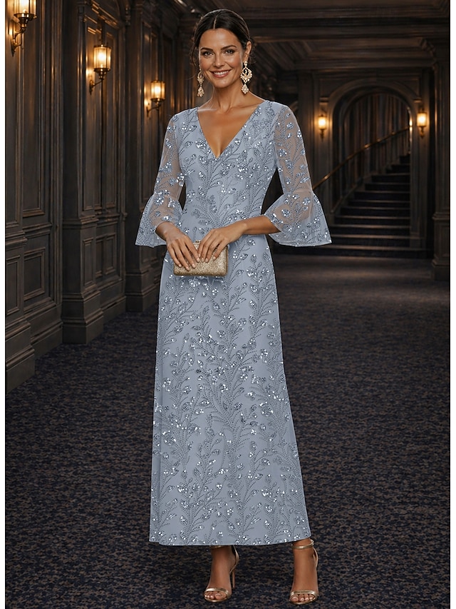 a-line floor length ankle length mother of the bride dresses cocktail dresses long sleeve v neck elegant luxurious sparkle & shine lace with beading, supplier image 6