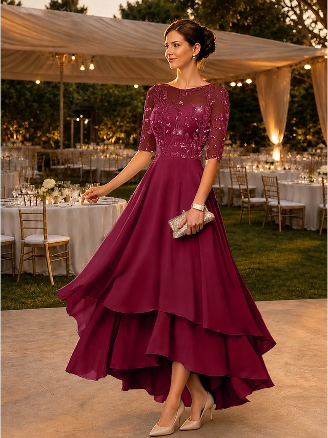 a-line mother of the bride dresses floor length chiffon lace with sequin half sleeve crew neck, supplier image 3