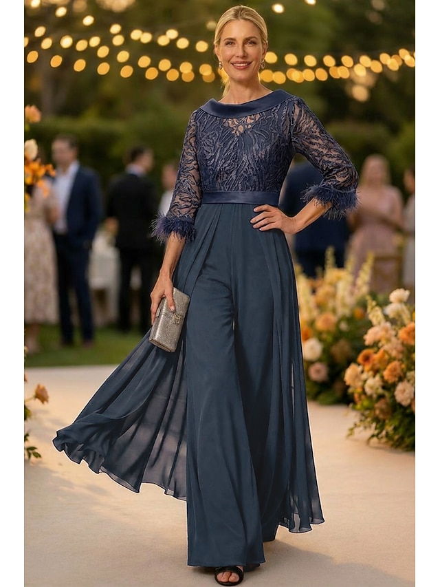 jumpsuit pantsuit mother of the bride dresses floor length chiffon half sleeve jewel neck elegant, supplier image 1