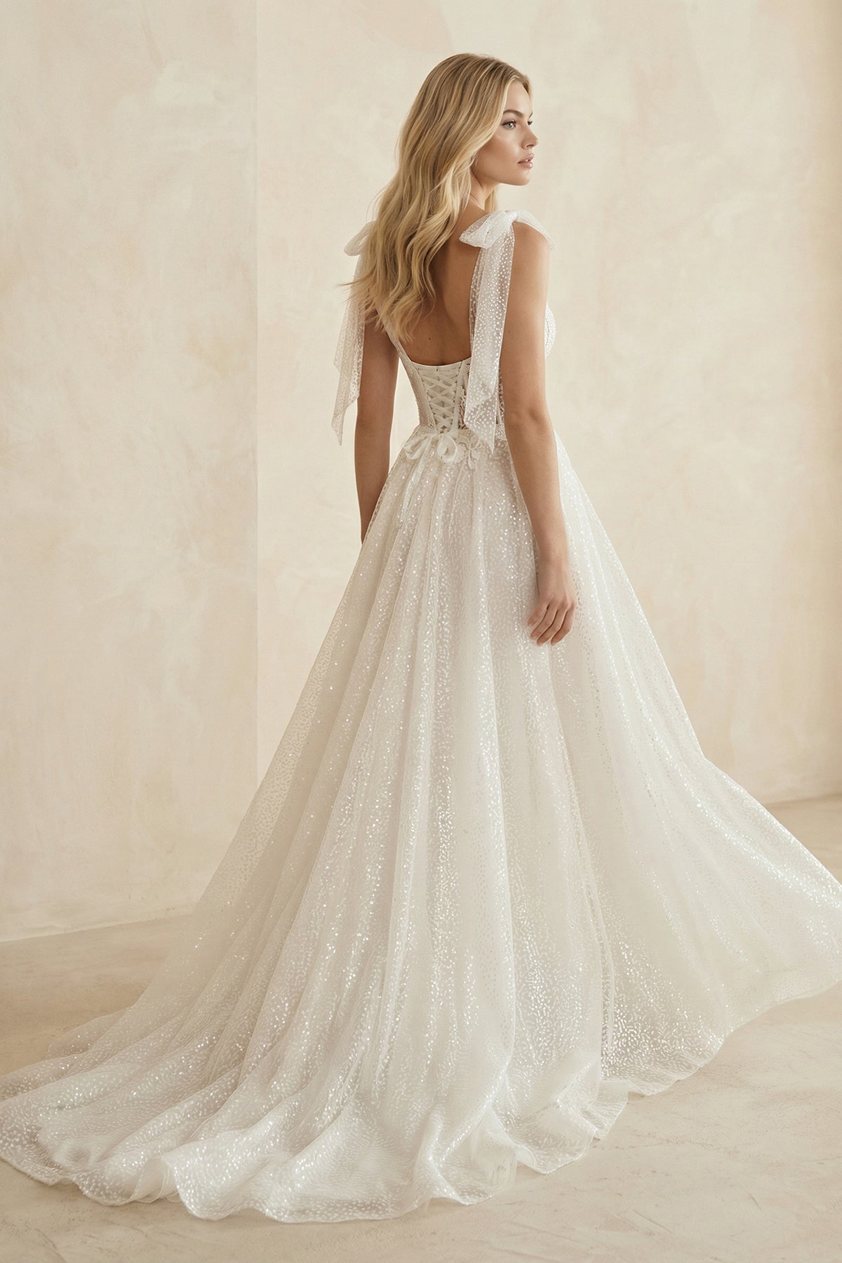 Glitter Ivory Tulle Corset A-Line Wedding Dresses with Slit, product image 2